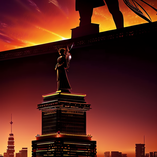 A grandiose figure stands atop a city-state building, basked in the sinister red hues of the setting sun, his ambitious gaze sweeping over the city-states, with the statue of Katniss looming ominously in the background.